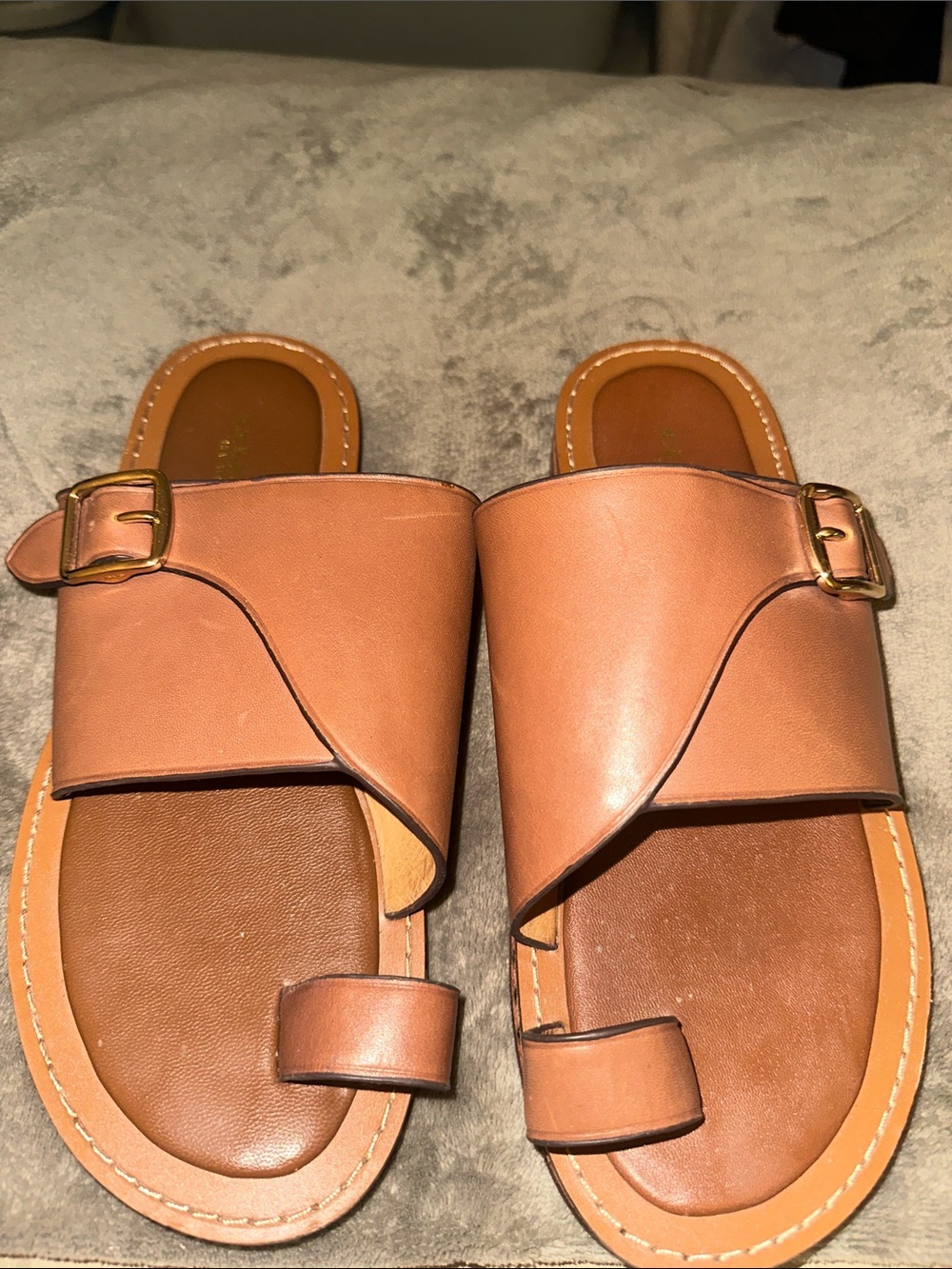 Coach Tan Leather Toe-Loop Slide Sandals with Buckle
